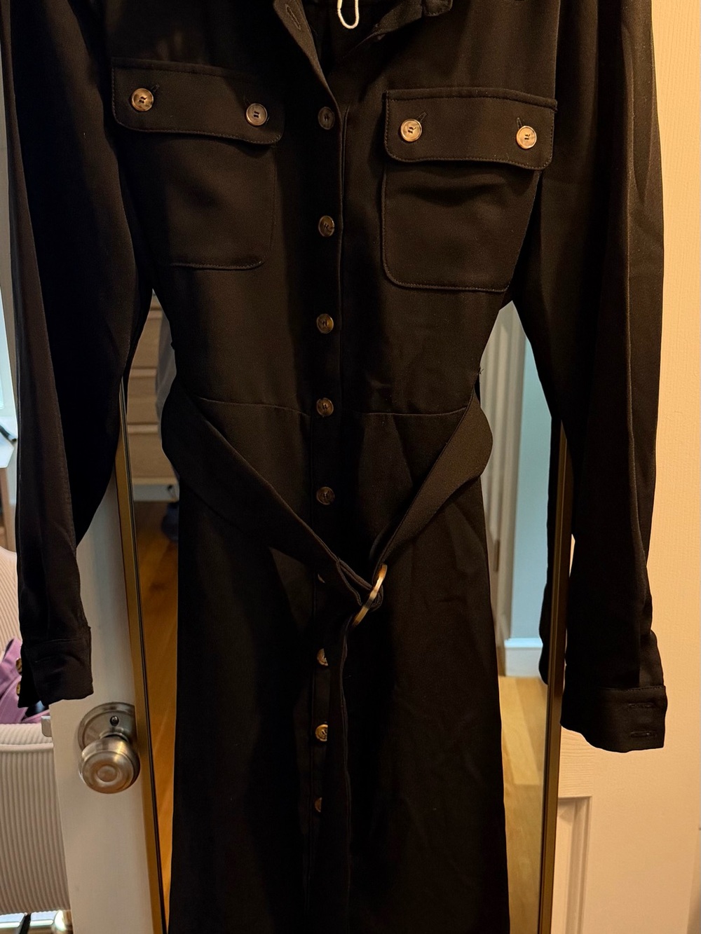 Sezane Black Long-Sleeve Shirt Dress with Belt